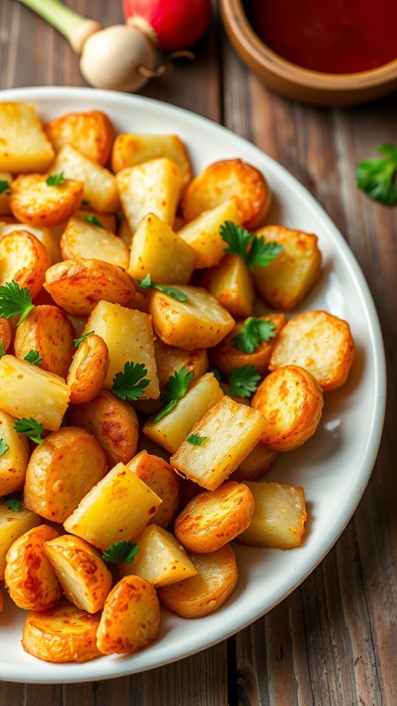 Keto Air Fryer Radish Potatoes Recipe Crispy air-fried radish potatoes garnished with parsley on a rustic table.